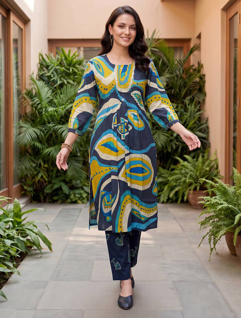 Multicolor printed cotton kurta trouser set