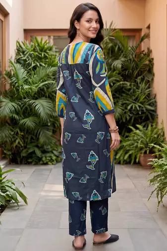 Multicolor printed cotton kurta trouser set
