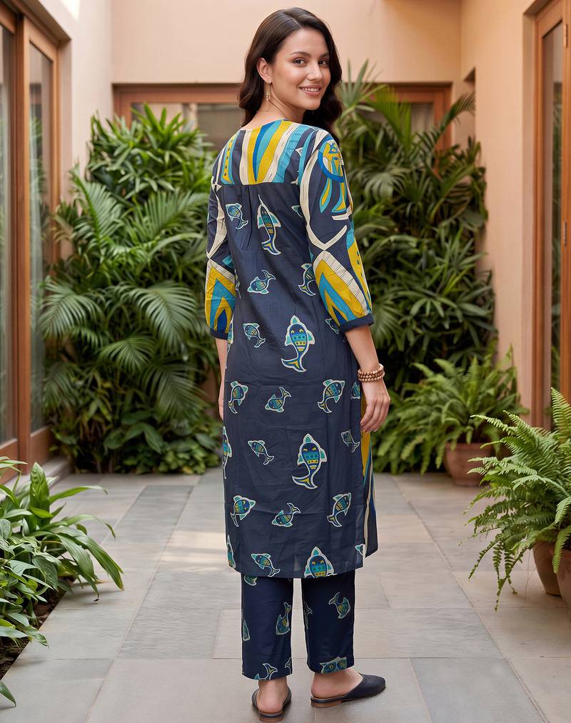 Multicolor printed cotton kurta trouser set