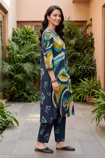 Multicolor printed cotton kurta trouser set