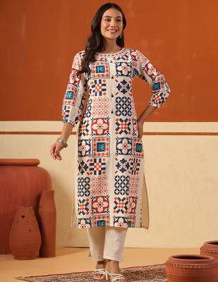 Off white printed cotton kurta trouser set 1