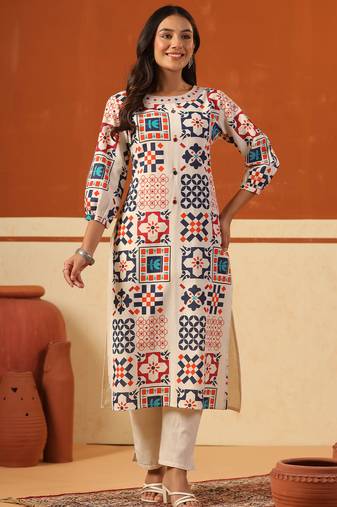 Off white printed cotton kurta trouser set