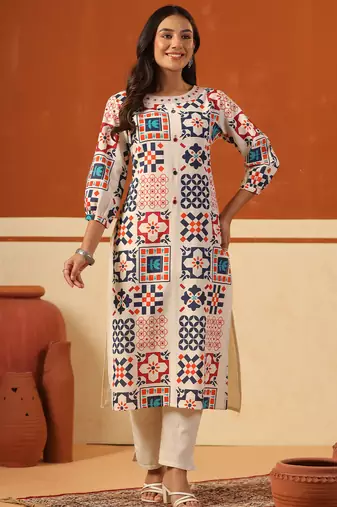 Off white printed cotton kurta trouser set