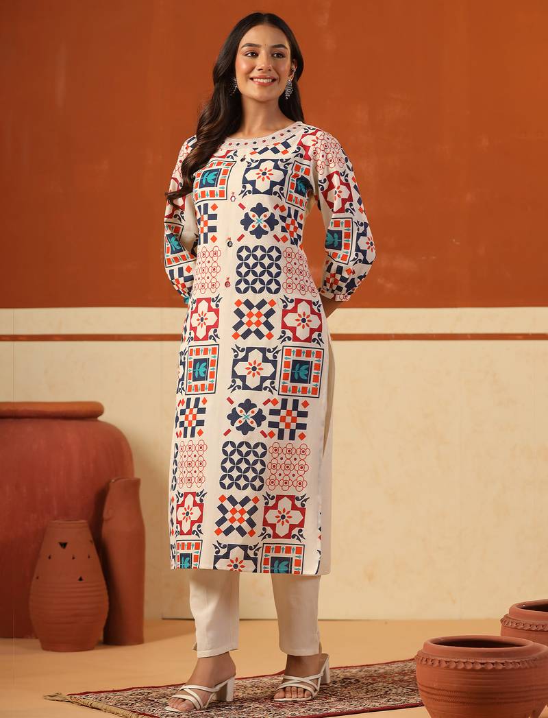 Off white printed cotton kurta trouser set