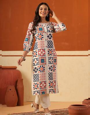Off white printed cotton kurta trouser set 4