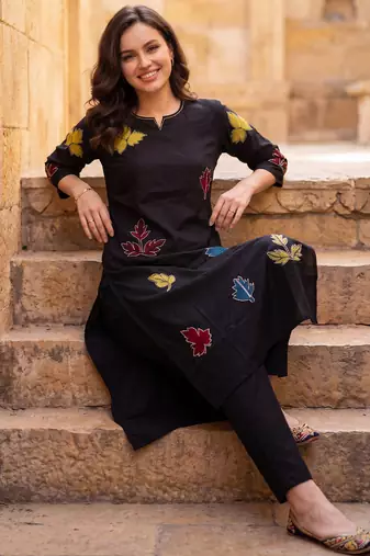 Black printed cotton kurta trouser set