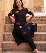 Black printed cotton kurta trouser set