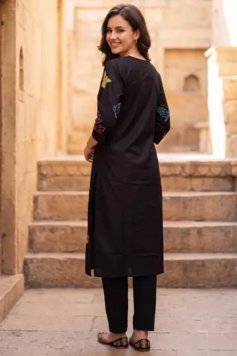 Black printed cotton kurta trouser set