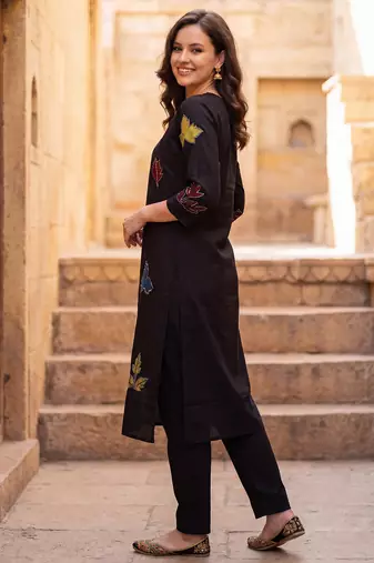 Black printed cotton kurta trouser set