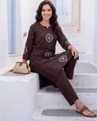 Brown printed cotton kurta trouser set 1