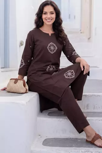 Brown printed cotton kurta trouser set