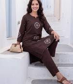 Brown printed cotton kurta trouser set