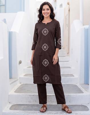 Brown printed cotton kurta trouser set 2