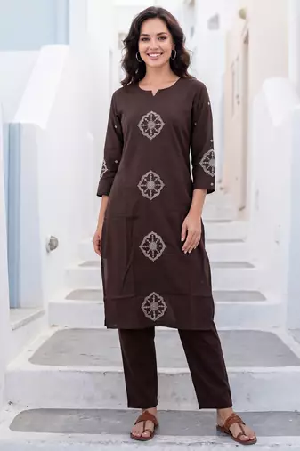 Brown printed cotton kurta trouser set