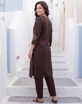 Brown printed cotton kurta trouser set 3