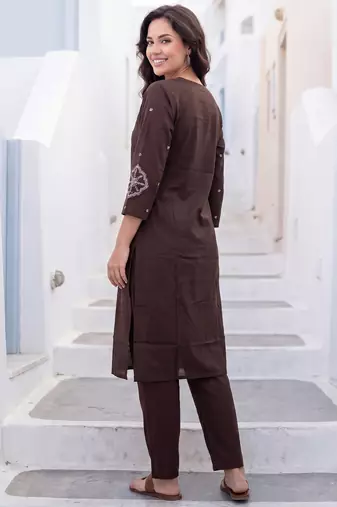 Brown printed cotton kurta trouser set