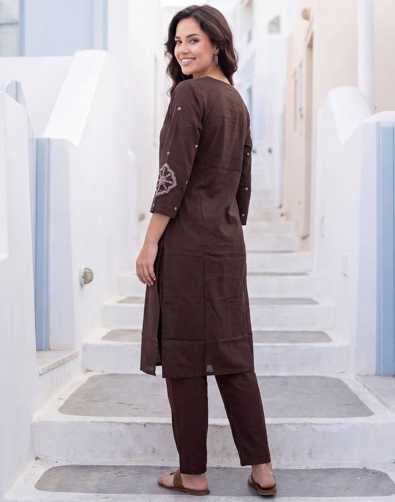 Brown printed cotton kurta trouser set