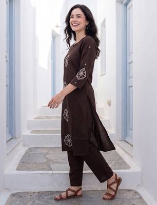 Brown printed cotton kurta trouser set 4