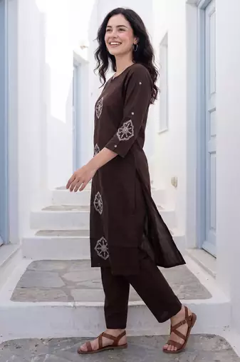 Brown printed cotton kurta trouser set