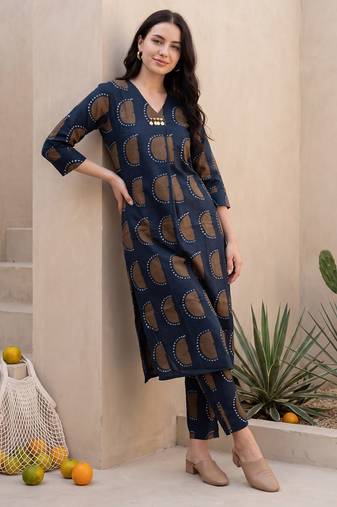 Blue printed cotton kurta trouser set