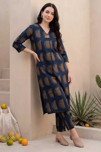 Blue printed cotton kurta trouser set