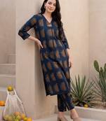 Blue printed cotton kurta trouser set