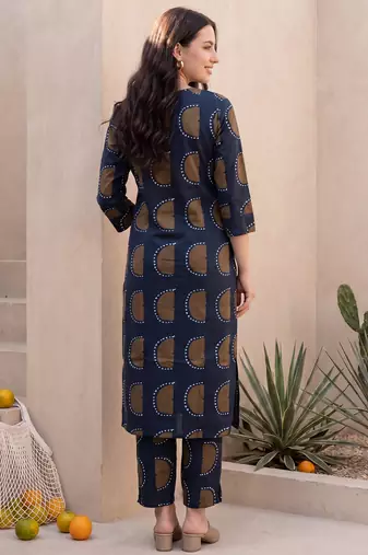 Blue printed cotton kurta trouser set