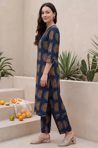 Blue printed cotton kurta trouser set