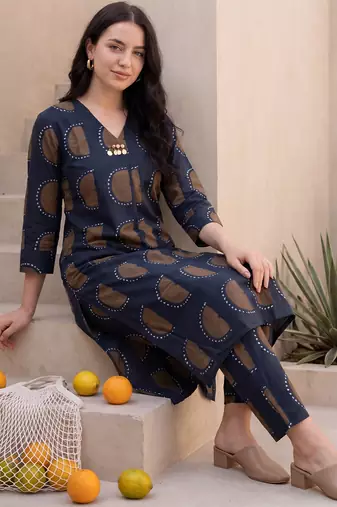 Blue printed cotton kurta trouser set
