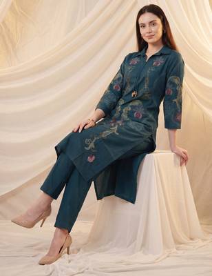 Teal printed cotton kurta trouser set 1