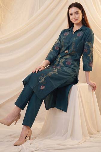 Teal printed cotton kurta trouser set