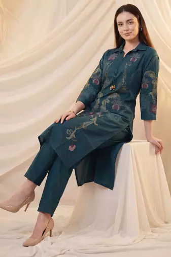 Teal printed cotton kurta trouser set