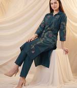 Teal printed cotton kurta trouser set