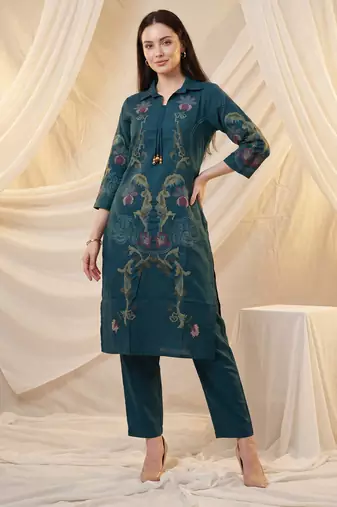 Teal printed cotton kurta trouser set