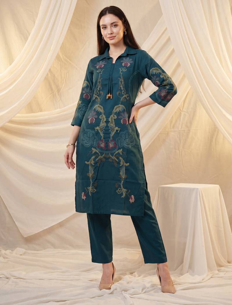 Teal printed cotton kurta trouser set