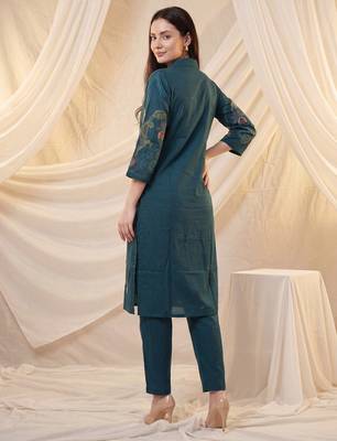 Teal printed cotton kurta trouser set 3
