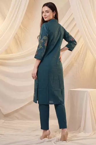 Teal printed cotton kurta trouser set