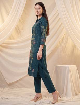 Teal printed cotton kurta trouser set 4