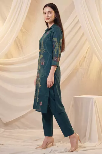 Teal printed cotton kurta trouser set