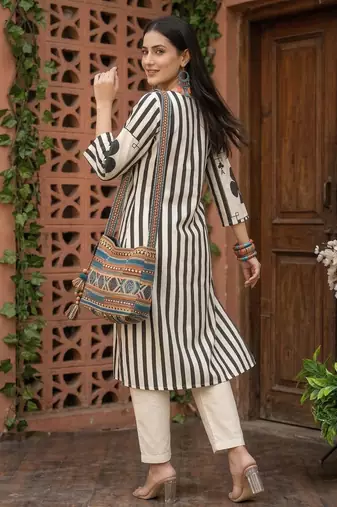 White printed cotton kurta trouser set