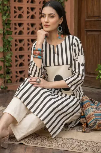 White printed cotton kurta trouser set