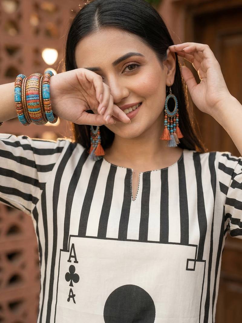 White printed cotton kurta trouser set