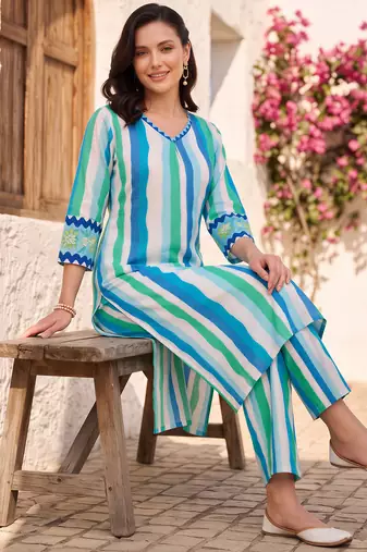 Blue printed cotton kurta trouser set