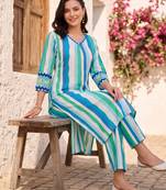 Blue printed cotton kurta trouser set