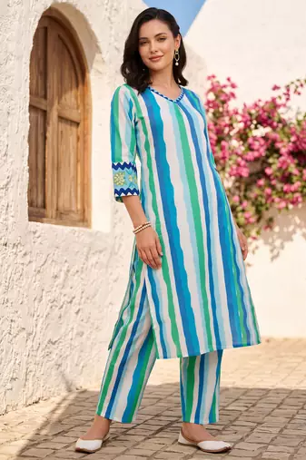 Blue printed cotton kurta trouser set