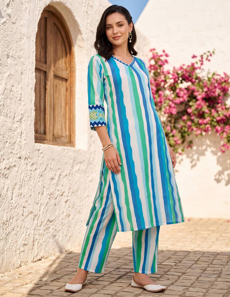 Blue printed cotton kurta trouser set