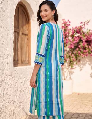 Blue printed cotton kurta trouser set 3