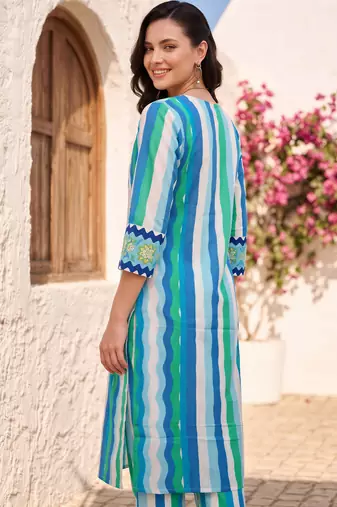 Blue printed cotton kurta trouser set