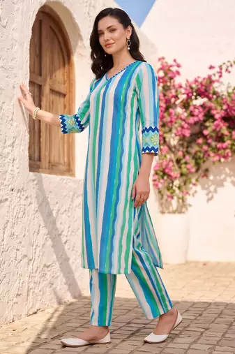 Blue printed cotton kurta trouser set
