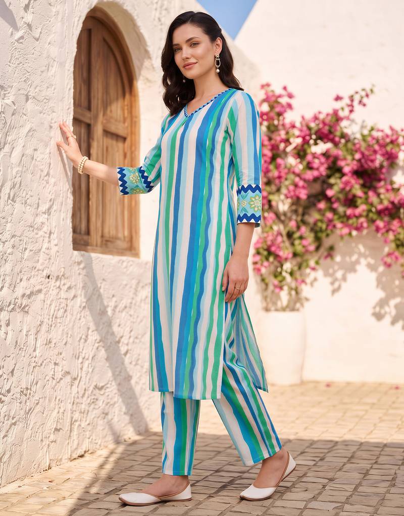 Blue printed cotton kurta trouser set